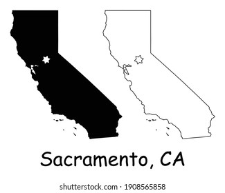 California CA state Map USA with Capital City Star at Sacramento. Black silhouette and outline isolated maps on a white background. EPS Vector