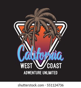 California calligraphic design with palm silhouette. For typography, t shirt, apparel, clothes print.