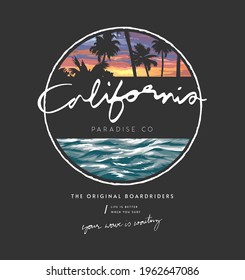 California calligraphy slogan on sunset palm and ocean wave vector illustration