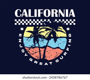 california calligraphy slogan with palm beach view in circle frame vector illustration on black background for t shirt design, street wear, apparel, urban style, hoodies, etc.