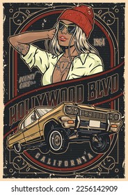 California car show colorful poster with girl street racer and retro automobile with slogan Hollywood blvd grunge style vector illustration