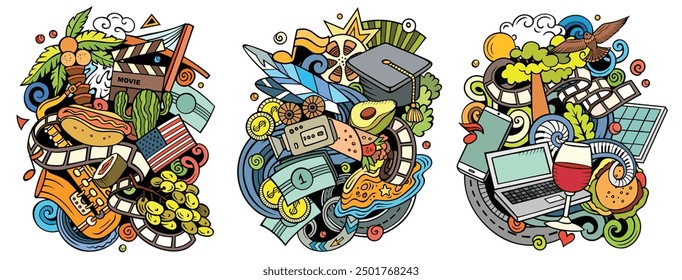 Conjunto de diseños de doodle de Vector de dibujos animados de California. Coloridas composiciones detalladas con muchos objetos y símbolos del Estado de los Estados Unidos. Aislado en ilustraciones blancas