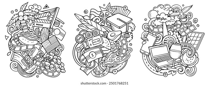 California cartoon vector doodle designs set. Line art detailed compositions with lot of USA State objects and symbols