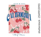 California cherry print. t shirt Front print design. glitter effects for cherry fruit graphics. hand drawn artwork. girls vector graphics. women