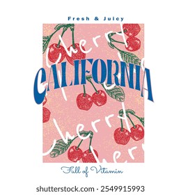 Estampado de cereza de California. diseño de impresión frontal de camiseta. efectos de brillo para gráficos de fruta de cereza. ilustraciones dibujadas a mano. gráficos de Vector de niñas. ilustraciones de camiseta gráfica de mujeres.