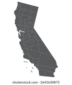 California with city map. Map of the U.S. state of California in grey color. 