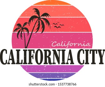 California City tee print with styled palm tree. T-shirt design, graphics, stamp, label, typography.