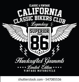 Club de ciclistas clásicos de California, tipografía de motocicleta vintage, gráficos de camisetas, vectores