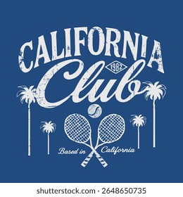 California Club Text Print Design. tennis ball and bat with palm tree club graphics. summer club design typography text print design. California t shirt design