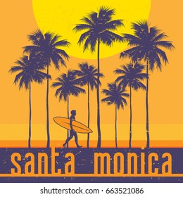 California coast, Santa Monica beach, surfer poster. Vector illustration