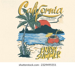 California coconut island. Endless summer. Coconut juice vector print design. Summer vibes graphic print artwork. Summer slogan. Beach with mountain. Enjoy summer.