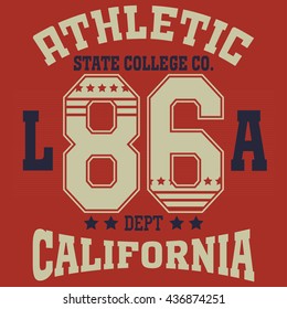 California College fashion design print for t-shirt. Sport Typography, vintage Vector