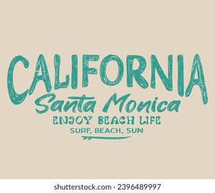 California college typography. Surfing club graphic print design for t shirt. Beach hand sketch graphic design for t shirt print, poster, sticker, background and other uses. California, Santa monica.