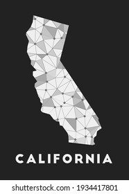 California - communication network map of us state. California trendy geometric design on dark background. Technology, internet, network, telecommunication concept. Vector illustration.