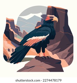 California condor in the canyon. Threatened or endangered species animals. Flat vector illustration concept