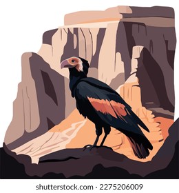 California condor in the canyon. Threatened or endangered species animals. Flat vector illustration concept