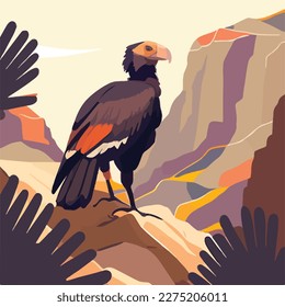 California condor in the canyon. Threatened or endangered species animals. Flat vector illustration concept