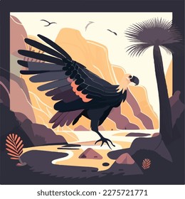 California condor in the canyon. Threatened or endangered species animals. Flat vector illustration concept