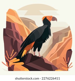 California condor in the canyon. Threatened or endangered species animals. Flat vector illustration concept