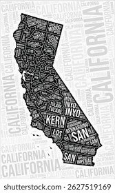 California counties map word cloud. California region names. Black and white map design. Creative vector illustration.