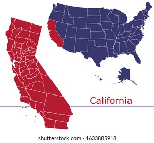 California counties vector map with USA map colors national flag