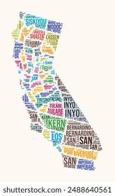 California counties word cloud. State logo design. Counties typography style vector image. California colored text cloud. Elegant vector illustration.