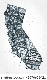 California counties word clouds. State shape on textured background. California design in typographic style. Beautiful vector illustration.