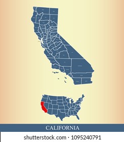 California county map with names labeled. California state of USA map vector outline 