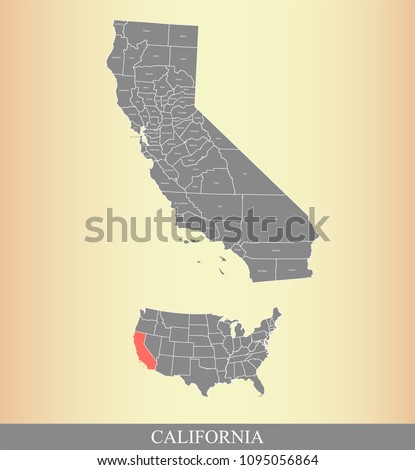 California county map with names labeled. California state of USA map vector outline 