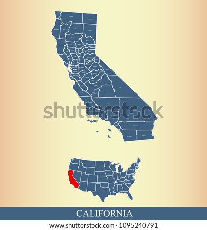 California county map with names labeled. California state of USA map vector outline 