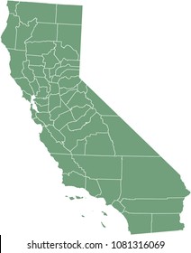 California county map vector outline illustration green background. California state of USA county map. Map of California county state of United States of America