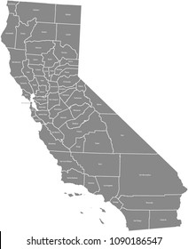 California county map vector outline in gray background. California state of USA map with counties names labeled