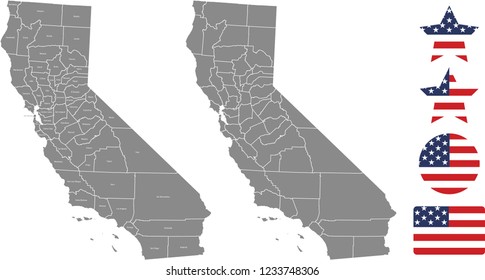 California County Karte, Vektorgrafik auf grauem Hintergrund. US-Landkarte Kalifornien mit den Namen der Grafschaften und den US-amerikanischen Flaggen, Vektorgrafik-Designs