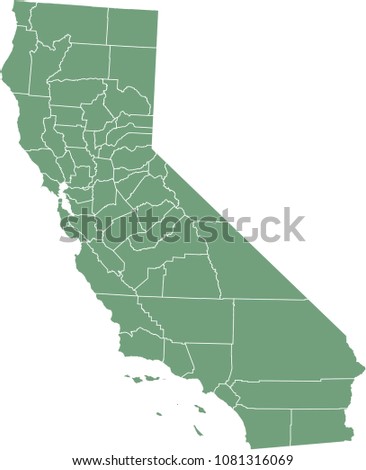 California county map vector outline illustration green background. California state of USA county map. Map of California county state of United States of America