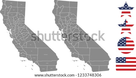 California county map vector outline in gray background. California state of USA map with counties names labeled and United States flag vector illustration designs