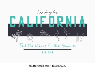 California design for t shirt with hand drawn elements and slogan. Typography graphics for tee shirt with flamingo, waves, palm trees, tropical leaves and surfboard. Vector illustration.