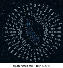 California digital map with binary rays radiating around a glowing state. Internet connections and data exchange design. Vector illustration.