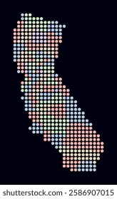 California dotted map. Digital style map of the state on a dark background. California shape with circle dots. Colored dots style. Large size circles. Plain vector illustration.