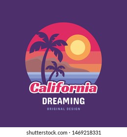 California dreaming - concept logo badge vector illustration for t-shirt and other design print productions. Summer, sunset, palms, surfing, sea waves. Tropical paradise. Long beach. 