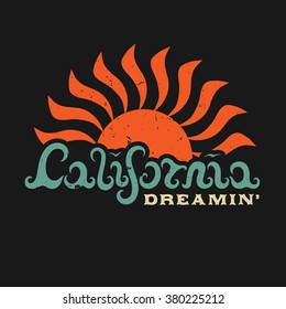  CALIFORNIA DREAMING. Hand lettered California in the form of waves. Design fashion apparel textured print. T shirt graphic vintage grunge vector illustration badge label logo template. 