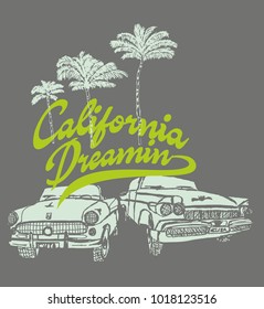 California dreaming palm beach and cars  graphic design vector art