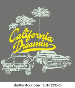 California dreaming palm beach and cars  graphic design vector art