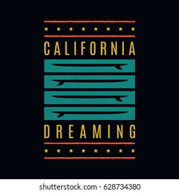 California dreaming. Retro print. Vintage grunge surfboards.