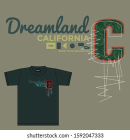 California dreamland typography stylish for t-shirt and apparel.  Abstract design with embroidery patch style. Vector print, poster. Global swatches