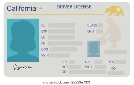 California driver's license with female silhouette isolated on white background. Person driver license