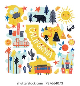 California emblem - Tourist Attractions concept - hand drawn unique vector illustration with main state symbols, map silhouette and lettering. Design for souvenir, greeting card, poster.