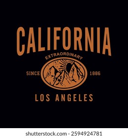 California extraordinary since 1886 los angeles. Written in orange on a black background and between the phrase there is a circle with images of mountains and sun.