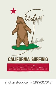 California flag bear surfing. Surfing California animal character doing summer sports. T-shirt print vintage typography.