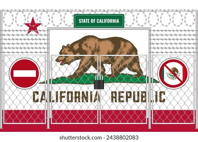 California flag behind barbed wire and a fence with a lock. The problem of illegal migration
