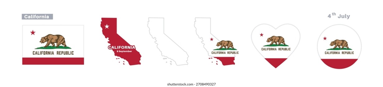 Bandera de California y conjunto de mapas. Banderas del Estado americano en colores y proporciones oficiales. Celebraciones del 9 de septiembre, mapas, círculos y corazones de California.